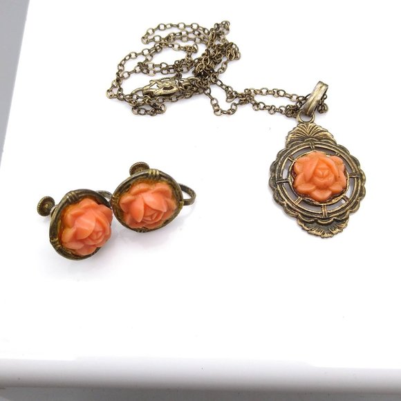 Vintage Celluloid Coral Carved Parure on Sterling Silver with Gold Wash Vermeil - Picture 5 of 8
